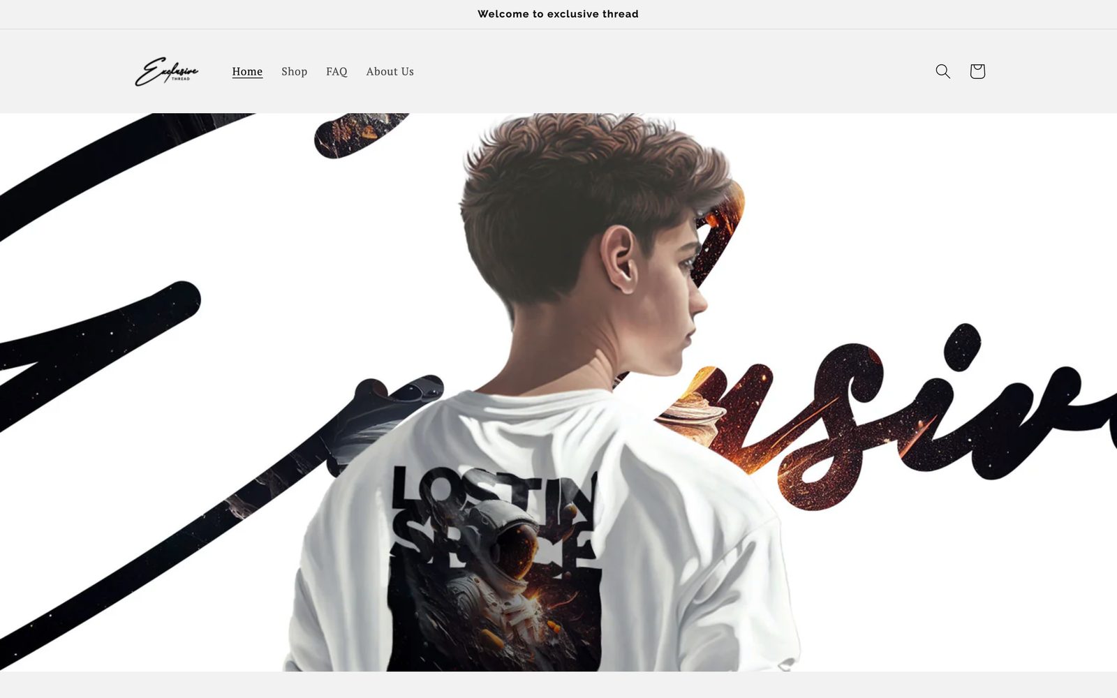 The Exclusive Thread homepage, a dark streetwear storefront with a full width product banner.
